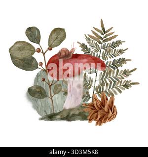 la scena boschiva autunnale, il fogliame circonda funghi e lumaca, l'ambiente boschivo con un'accogliente disposizione di funghi e lumaca, muschio e foglie incorniciano la scena naturale boschiva rustica raffigurazione ad acquerello disegnata a mano Foto Stock