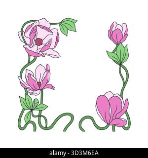 I fiori di magnolia rosa disegnati a mano in stile Art nouveau e le foglie fanno da cornice all'illustrazione vettoriale. Modello di tessera con bordo floreale Illustrazione Vettoriale