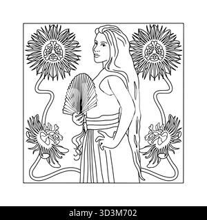 Stile Art nouveau bella donna di capelli lunghi che tiene in mano ventilatore asiatico e cornice passiflora illustrazione vettoriale di pagine di libri da colorare per adulti Illustrazione Vettoriale
