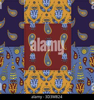 Motivo Paisley patchwork lavorato a mano senza cuciture. Motivi tradizionali indiani che riproducono il design Illustrazione Vettoriale