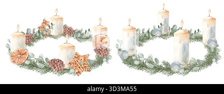 Le corone dell'Avvento di Natale sono incastonate con candele ardenti. Piante invernali e giocattoli di Natale. Quarto Avvento. Illustrazione disegnata a mano in stile vintage isolata Foto Stock