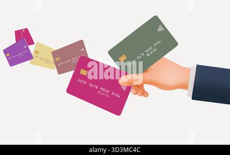 Sei carte di credito simulate e generiche sono illustrate in questa illustrazione in 3D relativa a banche, finanza e affari.sei carte di credito simulate generiche sono viste in questa 3 Foto Stock