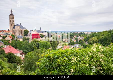 Vista panoramica della campagna che circonda Kutna Hora, Repubblica Ceca, con l'ossario di Sedlec in lontananza. Foto Stock