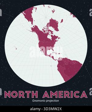 Nord America. Mappa del mondo. Proiezione gnomonica incentrata sul Nord America. Pallido Mint Dark Pink (Rosa scuro). Texture vintage. Eccezionale illustrazione vettoriale. Illustrazione Vettoriale