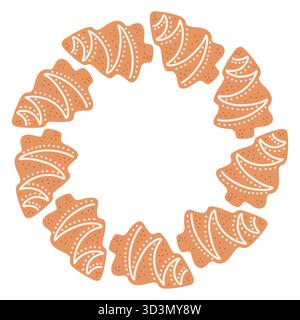 Semplice albero di biscotti di pan di zenzero con cornice rotonda festiva con decorazioni natalizie. Il semplice design vettoriale è perfetto per le decorazioni natalizie e di Capodanno o. Illustrazione Vettoriale