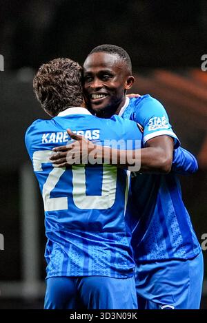 Braga, Portogallo. 6 novembre 2025. Yira Sor di Genk festeggia dopo aver segnato durante una partita di calcio tra la squadra di calcio portoghese SC Braga e il club belga KRC Genk, giovedì 6 novembre 2025, a Braga, quarta partita (su 8) nella fase di campionato della UEFA Europa League. BELGA PHOTO JOMA GISBERT credito: Belga News Agency/Alamy Live News Foto Stock
