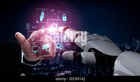 Un assistente ai gestisce una casa intelligente, fornendo automazione intelligente. Questo sistema centrale apprende le abitudini degli utenti per ottimizzare la sicurezza, il clima e. Foto Stock