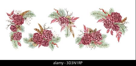 Rose di Borgogna, rami di pino, coni, fiori secchi, piume e frutti di bosco illustrano l'acquerello. Capodanno invernale e bouquet di Natale, isolati Foto Stock