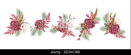 Rose di Borgogna, rami di pino, coni, fiori secchi, piume e frutti di bosco illustrano l'acquerello. Capodanno invernale e bouquet di Natale, isolati Foto Stock
