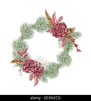 Ghirlanda di rose di Borgogna, rami di abete, coni, fiori secchi, rami secchi, piume e bacche rosse. Illustrazione acquerello in stile steampunk per C. Foto Stock