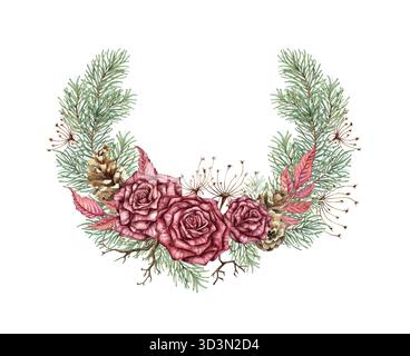 Ghirlanda di rose di Borgogna, rami di abete, coni, fiori secchi, rami secchi. Illustrazione ad acquerello in stile steampunk per Natale e Capodanno Foto Stock