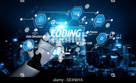 Una mano robotica futuristica interagisce con un'interfaccia digitale che visualizza elementi e icone di codifica, simboleggiando la tecnologia, lo sviluppo di software e. Foto Stock