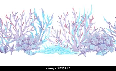 Un bordo senza cuciture caratterizzato da elementi sottomarini, coralli, alghe marine, stelle marine e conchiglie. Illustrazione acquerello. Disegno isolato disegnato a mano. Orizzontale Foto Stock