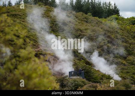 Parco geotermico dei crateri della Luna con sfiati del vapore che si innalzano da una collina vegetata. Un visitatore si trova su una piattaforma di osservazione che osserva il ph naturale Foto Stock