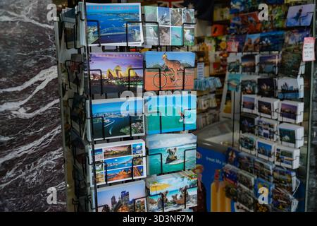Espositore da cartolina con viste panoramiche e fauna selvatica da Sydney, Australia, tra cui l'Opera House e l'Harbour Bridge, disponibile in una souve Foto Stock