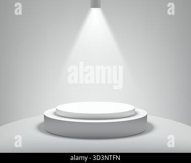 Podio a due livelli bianco 3D illuminato da un faretto luminoso. Ambientato in uno studio minimalista, vuoto per il lancio di prodotti moderni o virtuale Illustrazione Vettoriale