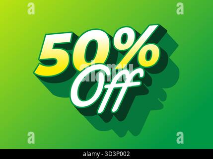 50% di sconto. Moderno poster a prezzi scontati con sfumature di giallo vibrante ed elegante design con lettere Illustrazione Vettoriale