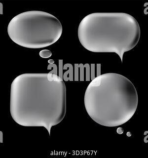 Set 3d y2k Chrome Speech Bubble. Disegno realistico di illustrazioni vettoriali. Set di simboli fumetti di pensiero in stile 3D con palloncino. Metallo, lusso, lucido, lucente, chat, finestra di dialogo, modello forma. Illustrazione Vettoriale