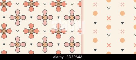 Set di 2 motivi floreali senza cuciture per vivaio, collezione decorativa di ripetizione floreale lineare di colore rosa pastello, design a penna disegnata a mano a doodle Illustrazione Vettoriale