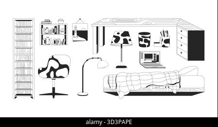 Elegante set di oggetti linea 2D per letti loft Illustrazione Vettoriale