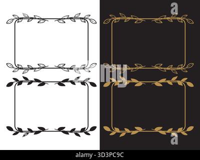 Due cornici rettangolari bianche e nere con foglie e viti intrecciate Illustrazione Vettoriale