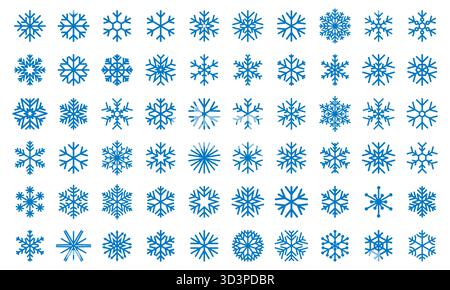 Set di fiocchi di neve, collezione di icone fiocchi di neve, set di simboli di fiocchi di neve vettoriali blu Illustrazione Vettoriale