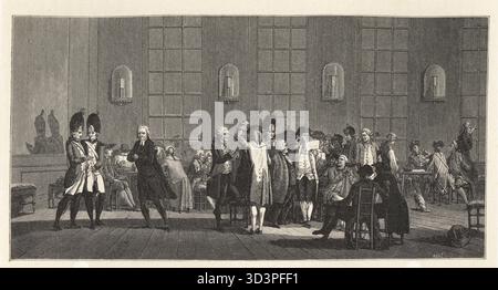 Café de Foy, conosciuto come il Patriots' Cafe, nel Palais-Royal di Parigi. Rivoluzionari e soldati leggono bordate nel caffè. Caffeé des Patriotes. Xilografia di Huyot su illustrazione di Jacques Francesco Joseph Swebach-Desfontaines del Direttoire, Consolato e Impero di Paul Lacroix (Direttorio, Consolato e Impero), Parigi, 1884. Foto Stock
