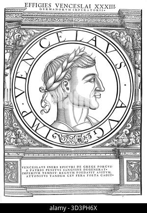 Venceslao di Lussemburgo, soprannominato il Lazy One (nato il 26 febbraio 1361 a Norimberga, morto il 6 agosto 1419 al castello di Venceslao), fu re di Boemia come Venceslao IV dalla sua incoronazione da bambino nel 1363 fino alla sua morte nel 1419 e re romano-tedesco dal 1376 fino alla sua deposizione nel 1400. Riproduzione autentica e restaurata digitalmente da un originale del XIX secolo. Data di registrazione non indicata. Foto Stock