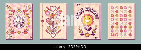 Poster retrò con motivi floreali, motivi a farfalla e tipografia vintage nei colori pastello rosa e giallo. Disegni grafici psichedelici degli anni '70 con margherite e falene sorridenti per la stampa nostalgica. Illustrazione Vettoriale