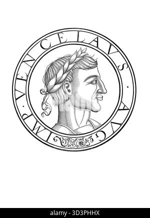 Venceslao di Lussemburgo, soprannominato il Lazy One (nato il 26 febbraio 1361 a Norimberga, morto il 6 agosto 1419 al castello di Venceslao), fu re di Boemia come Venceslao IV dalla sua incoronazione da bambino nel 1363 fino alla sua morte nel 1419 e re romano-tedesco dal 1376 fino alla sua deposizione nel 1400. Riproduzione autentica e restaurata digitalmente da un originale del XIX secolo. Data di registrazione non indicata. Foto Stock