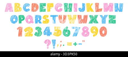 L'alfabeto e i numeri del pastello a colori sono impostati su sfondo bianco. Illustrazione vettoriale di lettere pastello disegnate a mano, figure e segni di punteggiatura, font infantile per striscioni scolastici, arte dei doodle Illustrazione Vettoriale