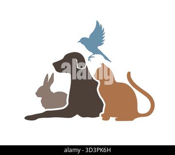 Cane gatto uccello coniglio animali domestici logo illustrazione vettoriale veterinario. Illustrazione Vettoriale