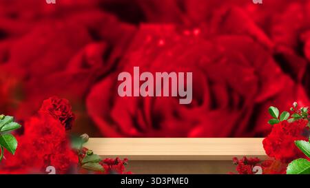 Superficie da tavolo in legno arricchita da un'atmosfera romantica. Presentazione del prodotto, amore e concetto di matrimonio. Foto Stock