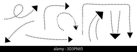 illustrazione: set di frecce tratteggiate nere che mostrano in direzioni diverse, set di elementi freccia di schizzo disegnati a mano isolato su bianco Foto Stock