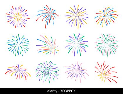 Fuochi d'artificio. Colorata collezione di icone vettoriali dei fuochi d'artificio su sfondo isolato. Simboli di celebrazione per l'anno nuovo illustrazione, poster, card, invitati Illustrazione Vettoriale