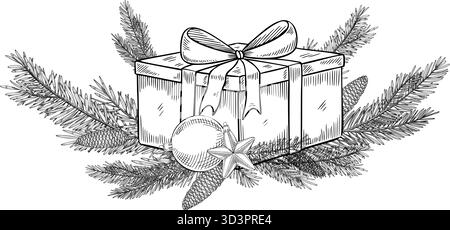 Presenta con rami di abete circondati da nastro e coni di pino. Illustrazione vettoriale di confezione regalo e ramoscelli in abete rosso e candele di Capodanno per biglietti di auguri natalizi o inviti a feste dipinte da inchiostri. Illustrazione Vettoriale
