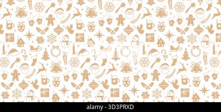 Sfondo natalizio con decorazioni dorate, motivo perfetto per le feste con icone vettoriali natalizie invernali Illustrazione Vettoriale