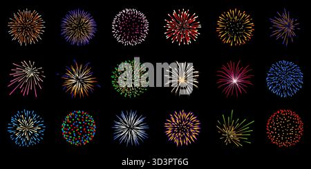 Set vettoriale fuochi d'artificio. Collezione di realistici fuochi d'artificio colorati isolati su sfondo nero per festeggiare il Capodanno, poster, invito, banne Illustrazione Vettoriale