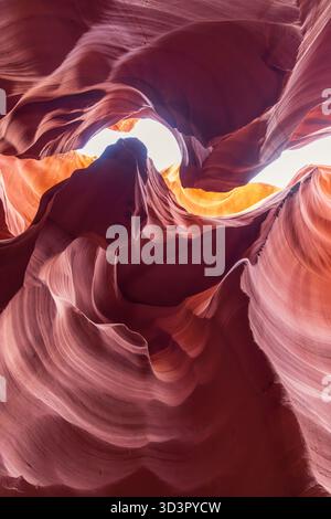 Splendida vista delle vorticose formazioni di arenaria nell'Antelope Canyon, Arizona, che sfoggiano calde sfumature di rosso e arancione con luce naturale che crea bea Foto Stock
