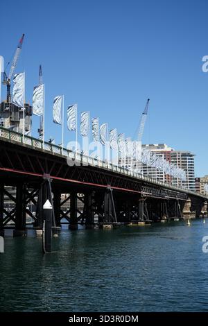 Pyrmont Bridge, un ponte sospeso patrimonio dell'umanità, si estende su Darling Harbour a Sydney, Australia, con bandiere decorative ed edifici moderni nel backgrou Foto Stock