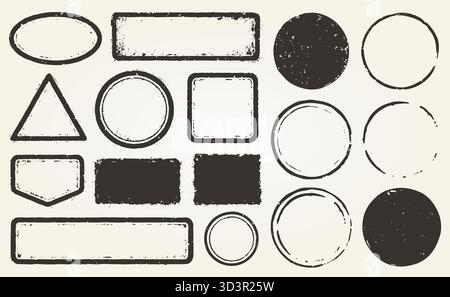 Set di forme vettoriali per francobolli retro Grunge. Confezione nera con bordo per francobolli rotondi e quadrati vuoti. Post vuoto modello timbro grunge inchiostro rubbe Illustrazione Vettoriale