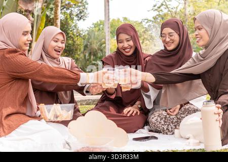 Gruppo di giovani donne musulmane in hijab che si godono un picnic all'aperto, condividono bevande e spuntini in un parco, mostrando la loro amicizia e il loro stile di vita Foto Stock