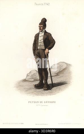Contadino di Gavarnie, ora Gavarnie-Gèdre, Pirenei francesi. In berretto, giacca, gilet, pantaloni, ghette e zoccoli neri, con cudgel. Paysan de Gavarni, Hautes Pyrenees. Incisione in acciaio colorato a mano dal Musée Cosmopolite, Musée de Costumes, Cosmopolitan Museum, pubblicato dall'ancienne maison Aubert, Parigi, 1850. Foto Stock