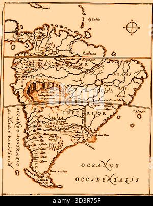 Una vecchia mappa del Sud America da 'Mundus Subterranus; 1665. -- um mapa antigo da América do sul, retirado de 'Mundus Subterranus', de 1665. - Un antiguo mapa de Sudamérica del 'Mundus Subterranus'; 1665 Foto Stock