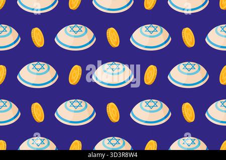 Modello senza cuciture con yarmulke o kippah ebraici e monete in oro con gelt di Hanukkah. Design vettoriale piatto perfetto per sfondi religiosi, tessuti per le feste e inviti a eventi. Illustrazione vettoriale Illustrazione Vettoriale