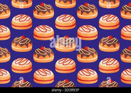 Motivo senza cuciture con file di sufganiyot tradizionale. Ciambelle in gelatina di Hanukkah. Design vettoriale piatto perfetto per avvolgere carta, sfondi, tessuti e decorazioni natalizie. Illustrazione Vettoriale