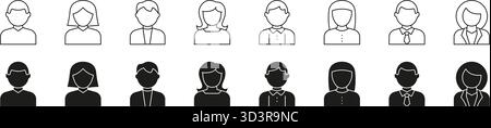 Avatar utente con Office maschile e femminile e personaggi casual insieme di icone Solid. Simboli del profilo per account, interfaccia, contatto aziendale e personale Illustrazione Vettoriale