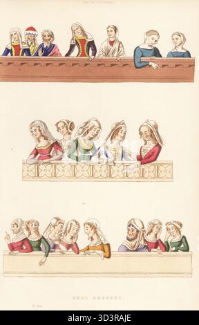 Copricapo del XIV secolo. Uomini e donne in cappelli, cappellini, turbine, wimple e veli. Le figure sono spettatori di tornei da un manoscritto del romanzo francese di re Meliadus, Roman du Roy Meliadus de Leonnoys, British Library Add. MS 12228. Incisione a blocchi di legno a mano di Henry Shaw dai suoi abiti e decorazioni del Medioevo dal VII al XVII secolo, William Pickering, Londra, 1843. Foto Stock