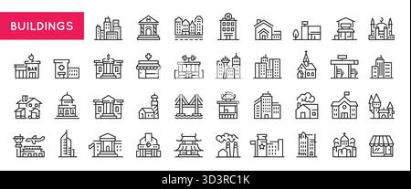 Set icone linea edifici Illustrazione Vettoriale