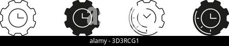 Set di icone Gear with Clock Solid (ingranaggio con orologio fisso). Gestione del tempo, efficienza e ottimizzazione della produttività, contorno e silhouette Symbol Collection. Flusso di lavoro Illustrazione Vettoriale